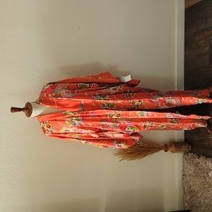 Silk Coral Floral Mid Length Kimono Robe